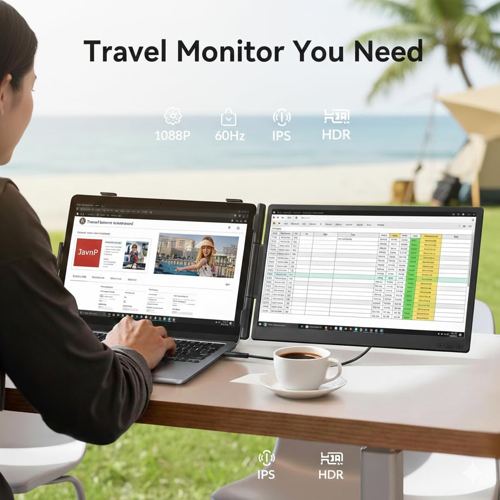 14" Laptop Screen Extender, FHD 1080P IPS Dual Screen Travel Monitor Extender, Portable Monitor for Laptops 13-16" with HDMI/USB-A/Type-C, Plug n Play for Mac, Win, Android