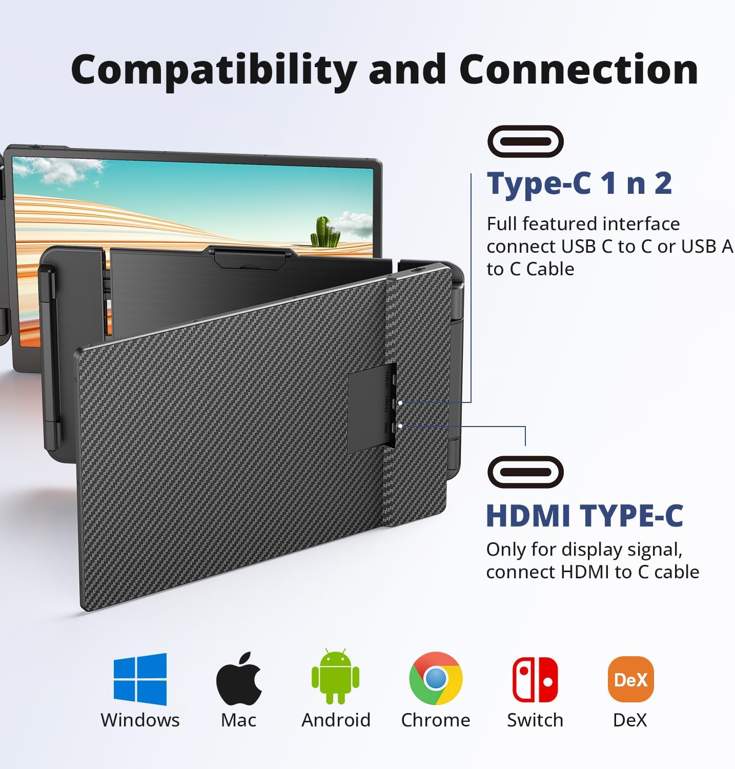 Leudaich Laptop Screen Extender, FHD 1080P IPS 14" Laptop Monitor Extender, Plug and Play HDMI/Type-C - Compatible with Windows, Mac, Android, Chrome, Xbox, Switch, PS5, Work with 13”-17” Laptops