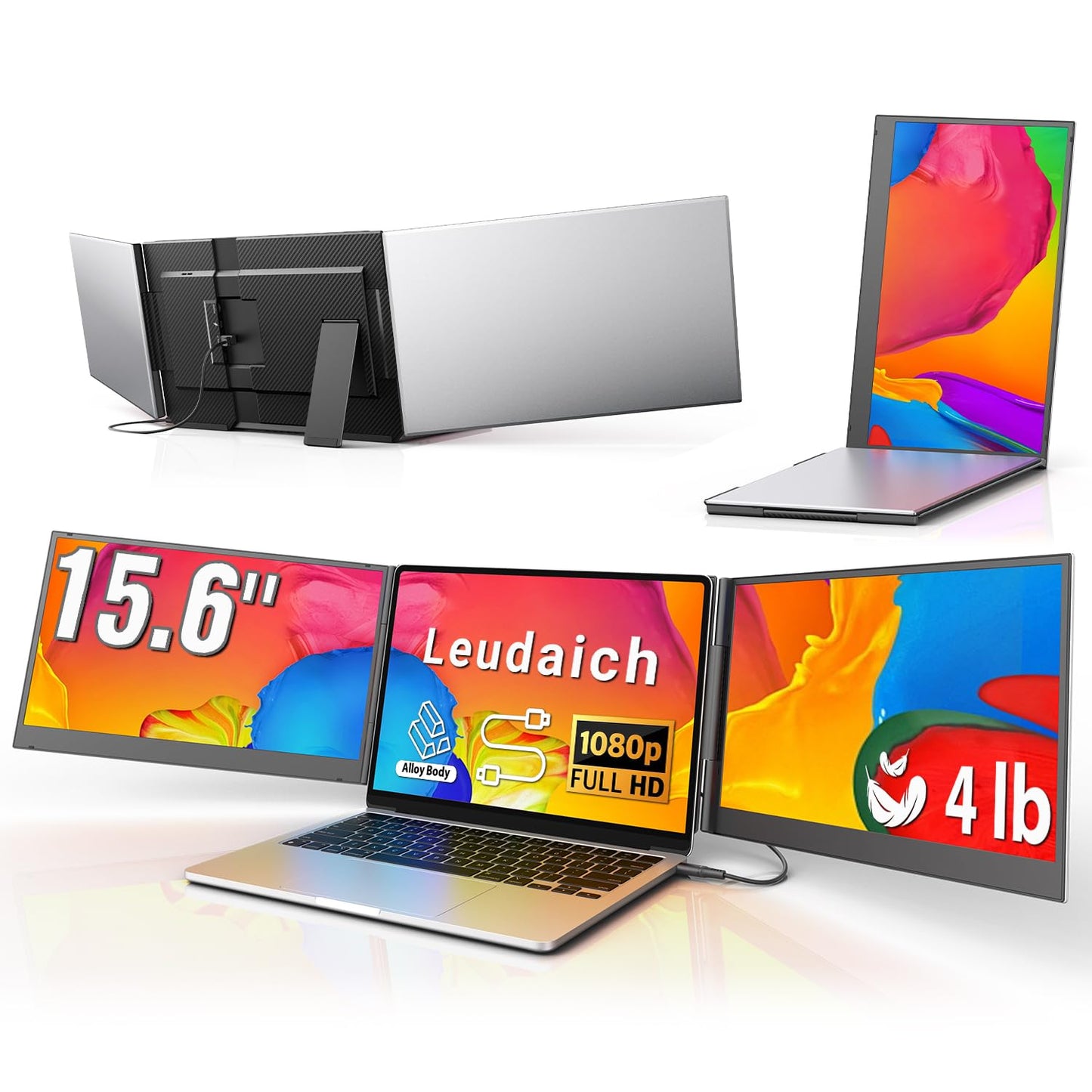 15.6'' Laptop Triple Screen Extender One Cable Connection, 1080P FHD IPS Portable Dual Monitor with Speaker, Ultra-Slim Travel Monitor for 13-17.3" Laptops, Compatible with MacOS, Windows, Android