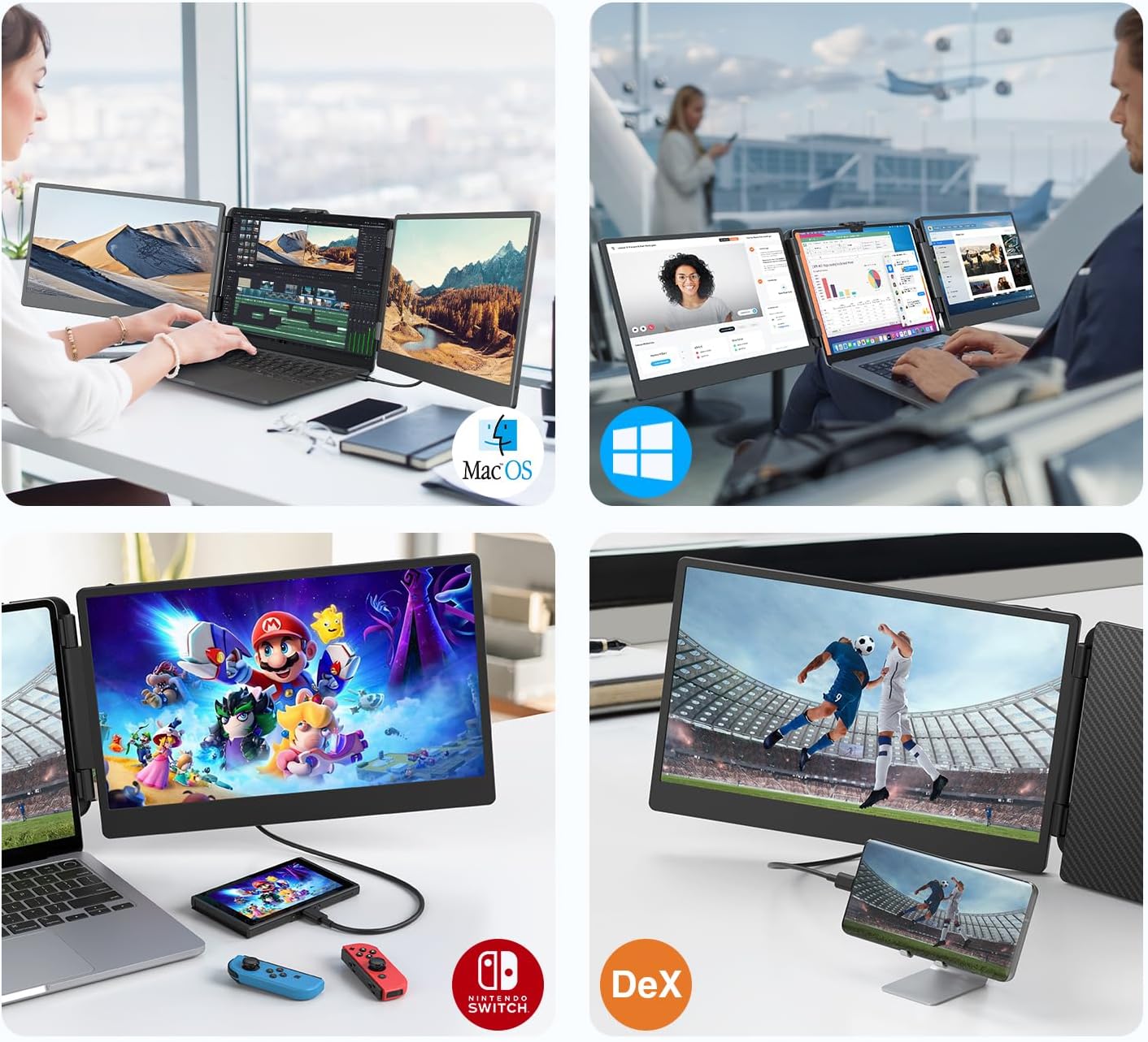 14'' Screen Extender Portable Laptop Plug-play, 1080P IPS Laptop Monitor Extender Built-in Speaker, HDMI/USB-A/Type-C Triple Monitor for 13''-17.3'' Laptops, Work with Mac, Windows, Chrome, Switch