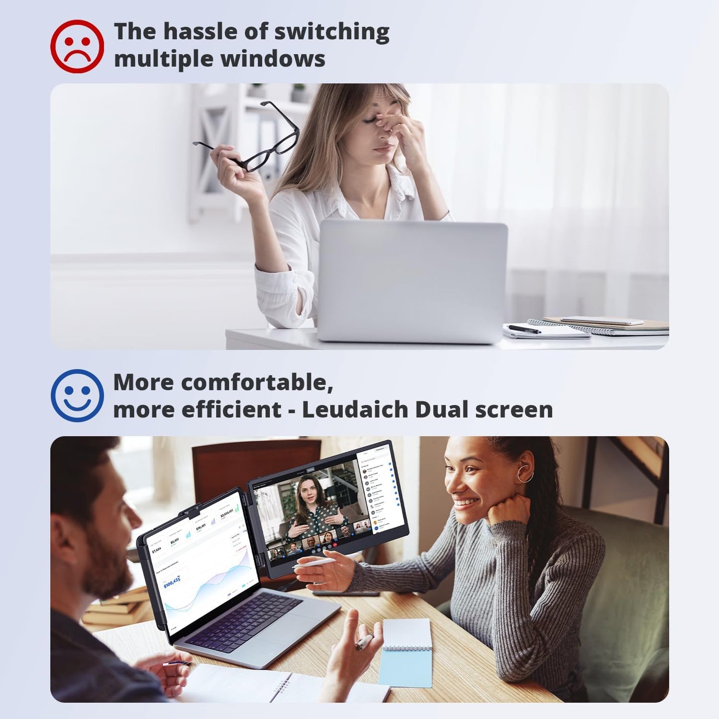 Leudaich Laptop Screen Extender, FHD 1080P IPS 14" Laptop Monitor Extender, Plug and Play HDMI/Type-C - Compatible with Windows, Mac, Android, Chrome, Xbox, Switch, PS5, Work with 13”-17” Laptops