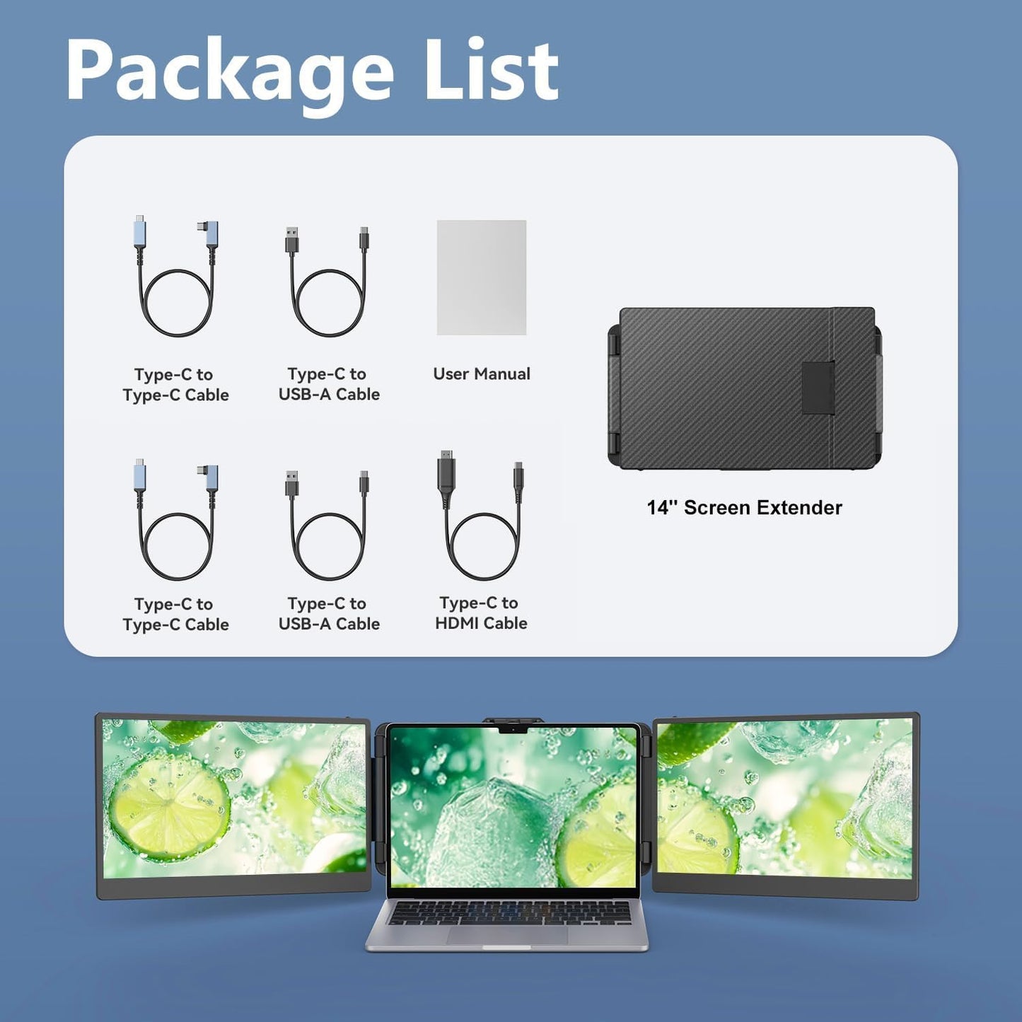 14'' Screen Extender Portable Laptop Plug-play, 1080P IPS Laptop Monitor Extender Built-in Speaker, HDMI/USB-A/Type-C Triple Monitor for 13''-17.3'' Laptops, Work with Mac, Windows, Chrome, Switch