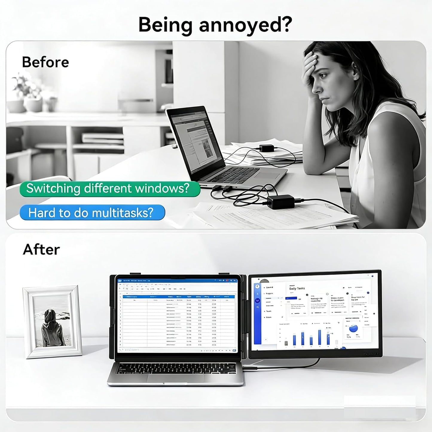 14" Laptop Screen Extender, FHD 1080P IPS Dual Screen Travel Monitor Extender, Portable Monitor for Laptops 13-16" with HDMI/USB-A/Type-C, Plug n Play for Mac, Win, Android