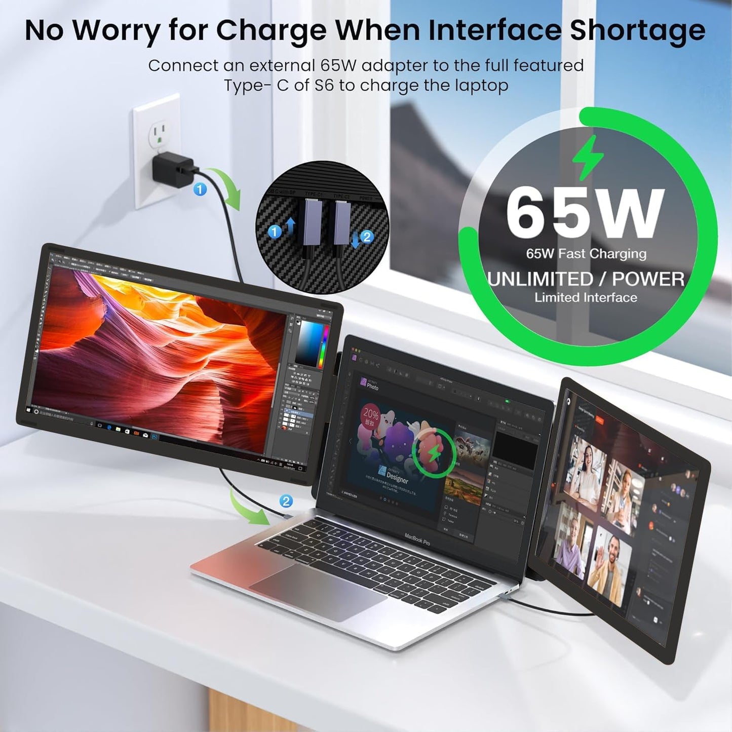 14'' Screen Extender Portable Laptop Plug-play, 1080P IPS Laptop Monitor Extender Built-in Speaker, HDMI/USB-A/Type-C Triple Monitor for 13''-17.3'' Laptops, Work with Mac, Windows, Chrome, Switch