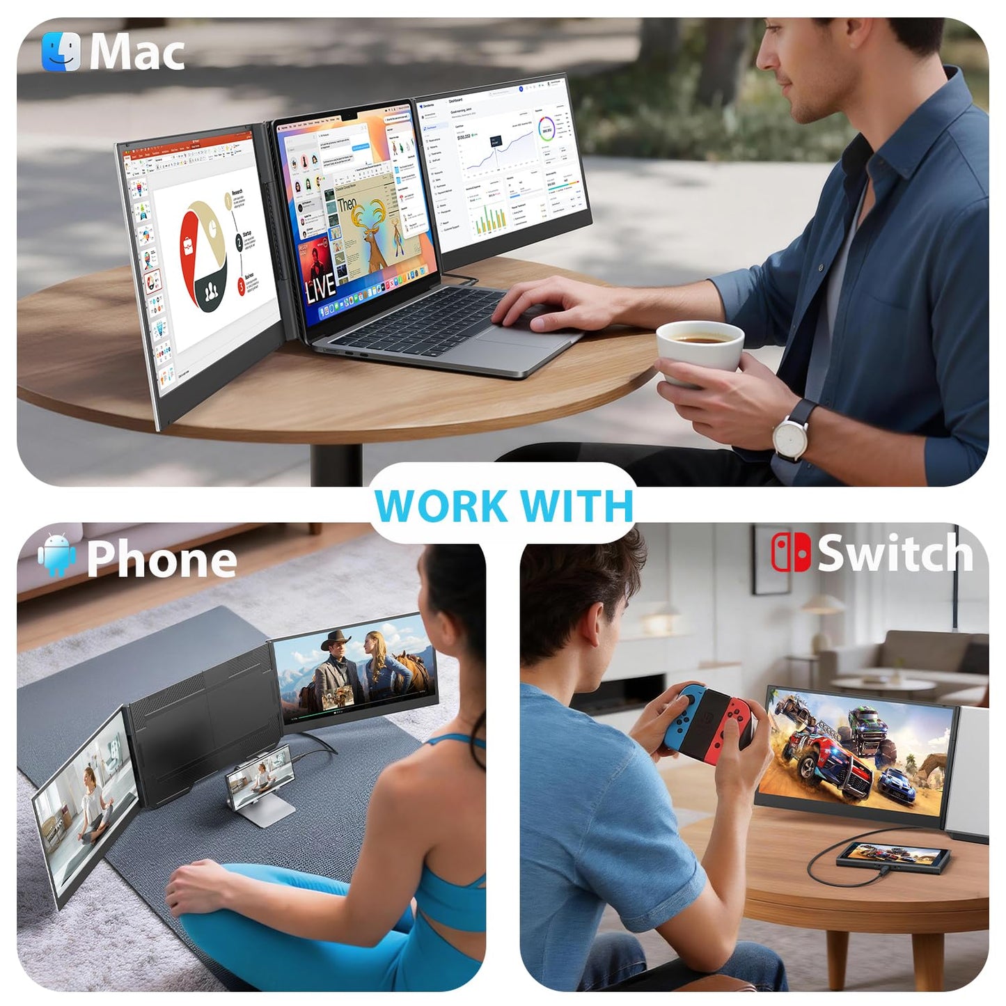 15.6'' Laptop Triple Screen Extender One Cable Connection, 1080P FHD IPS Portable Dual Monitor with Speaker, Ultra-Slim Travel Monitor for 13-17.3" Laptops, Compatible with MacOS, Windows, Android